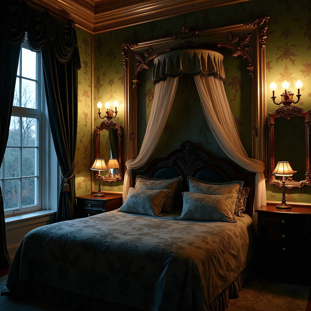 Intimate Victorian-style bedroom nook at twilight featuring deep forest green damask wallpaper, an antique queen bed with a carved wooden headboard and sheer canopy, vintage copper accents, and heavy velvet drapes framing leaded glass windows, all illuminated by crystal wall sconces.