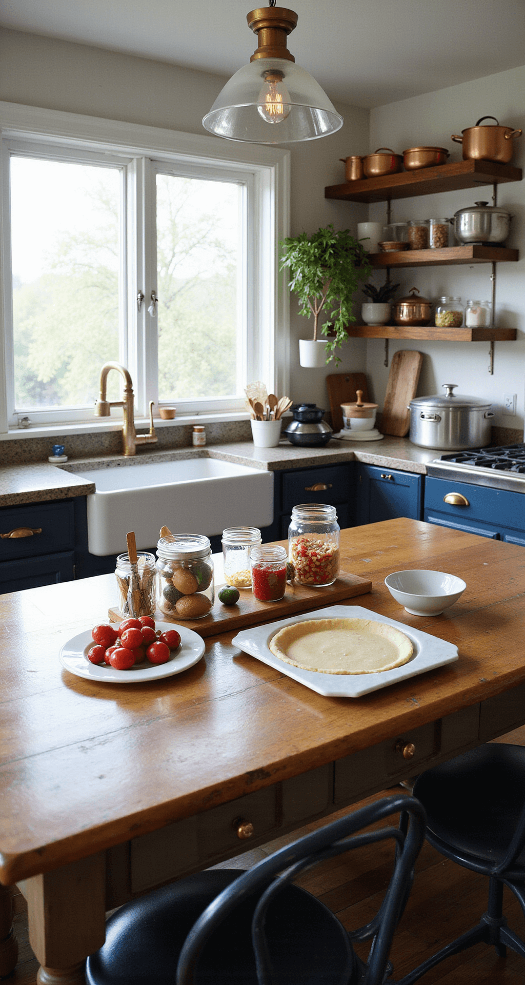 A bustling cottage kitchen at meal prep time, featuring a large farmhouse table, afternoon light streaming in, organized chaos with mason jars of utensils, a half-rolled pie crust on a marble pastry board, open shelving with copper pots, warm whites and deep blues, and vibrant tomatoes and strawberries, captured from a slightly elevated angle with motion blur.