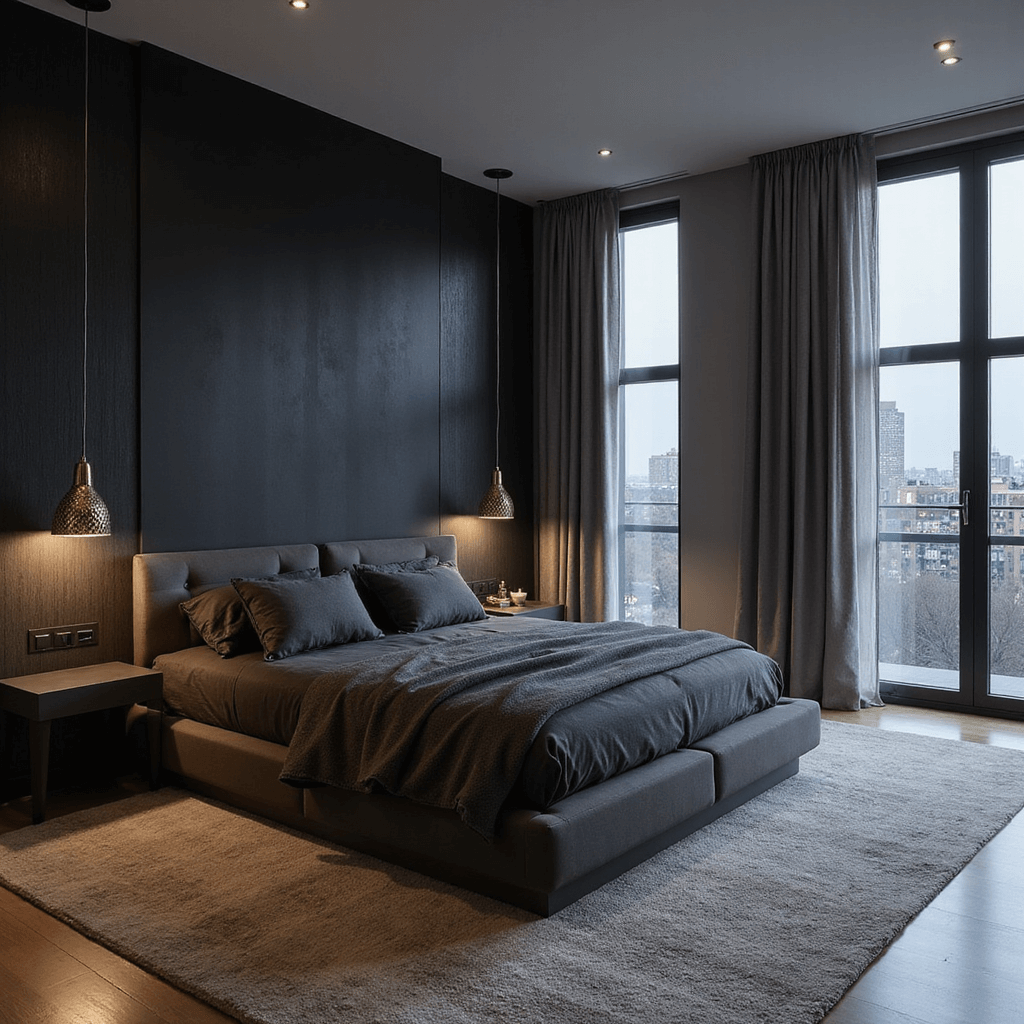 Modern minimalist bedroom featuring a matte black accent wall and charcoal textured wallpaper, with a platform bed dressed in charcoal linen and slate gray cashmere. Geometric brass pendant lights cast dramatic shadows, while floor-to-ceiling windows with sheer gray panels filter city lights. Captured from a high angle, the image emphasizes geometric patterns and shadow play in sharp focus.