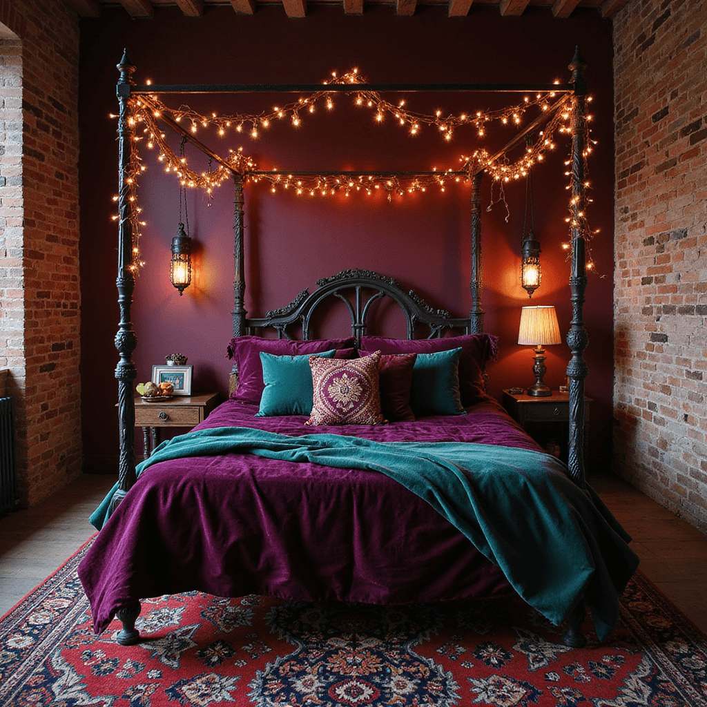 A cozy bohemian sanctuary featuring a deep burgundy exposed brick wall, layered vintage velvet quilts on an iron canopy bed, and a vintage Persian rug in jewel tones, illuminated by copper string lights and Moroccan lanterns, all captured in soft focus.