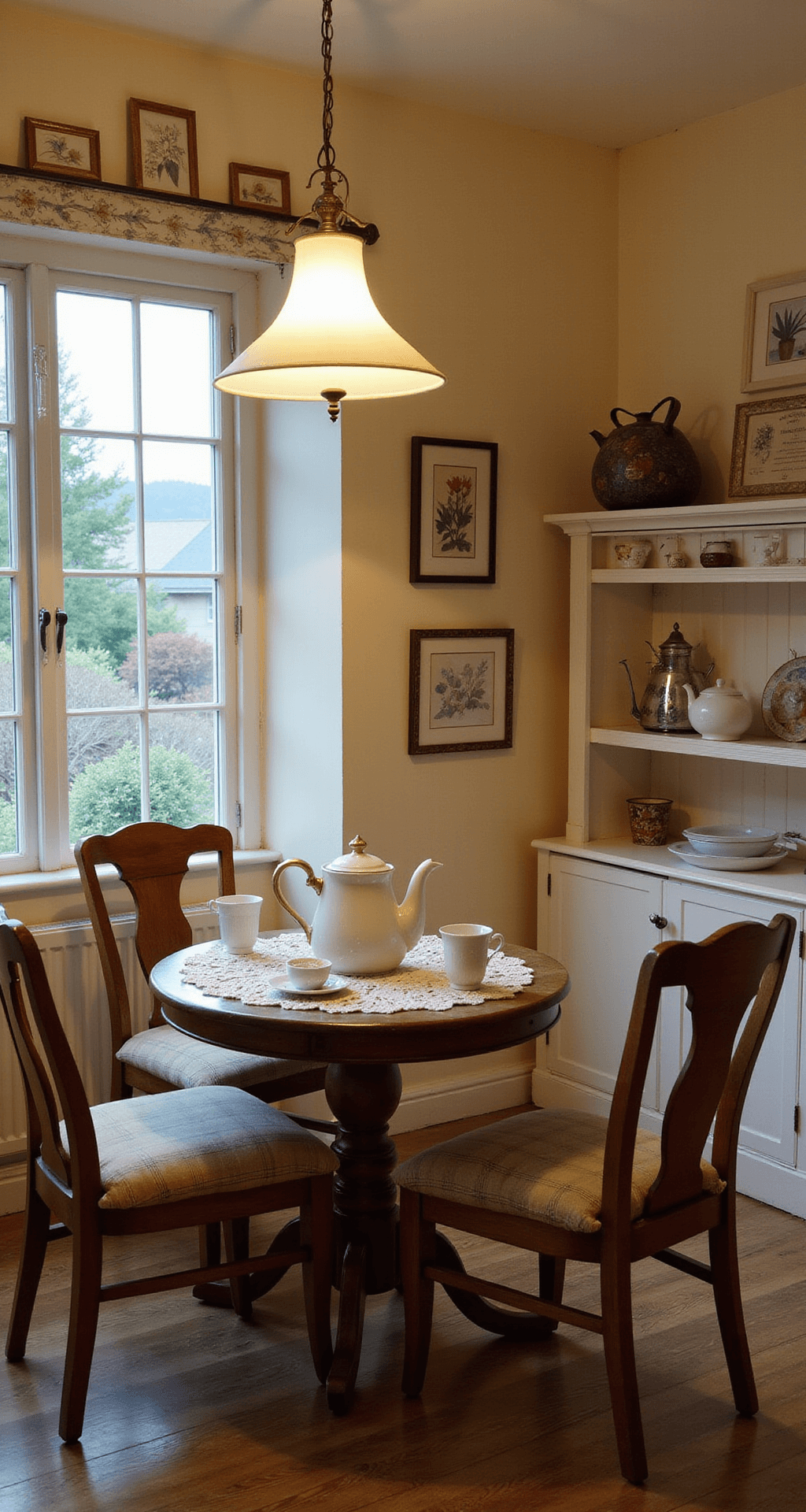 Cozy cottage kitchen nook with a round table set for two, warm lamplight, mismatched wooden chairs with plaid cushions, a steaming pot of tea on a doily, delicate china cups, soft buttercream walls adorned with botanical prints, and a hutch displaying teapots and sugar bowls, captured from a low angle and shallow depth of field.