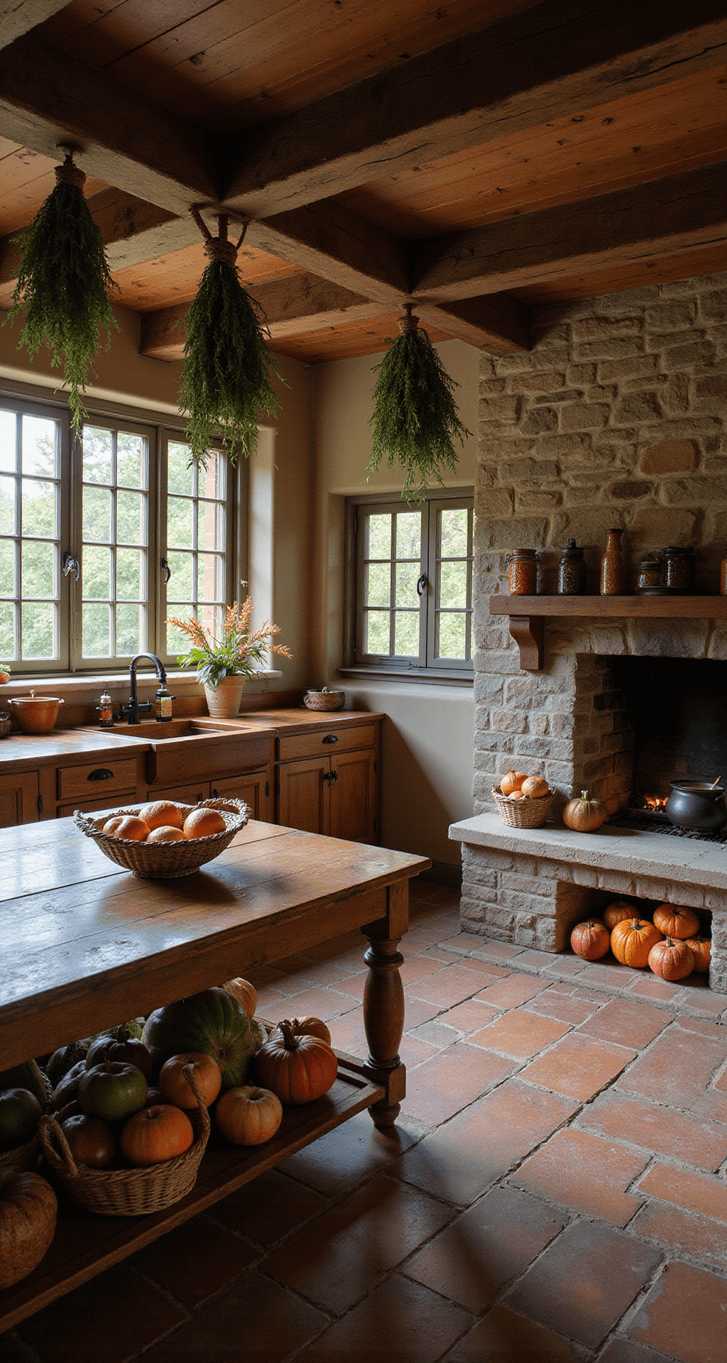 A rustic cottage kitchen at harvest time, featuring a large stone fireplace with a simmering cast-iron pot, late afternoon light illuminating drying herbs, a farmhouse table filled with baskets of apples and pumpkins, and weathered wooden cabinets filled with preserves, captured in warm autumnal tones.
