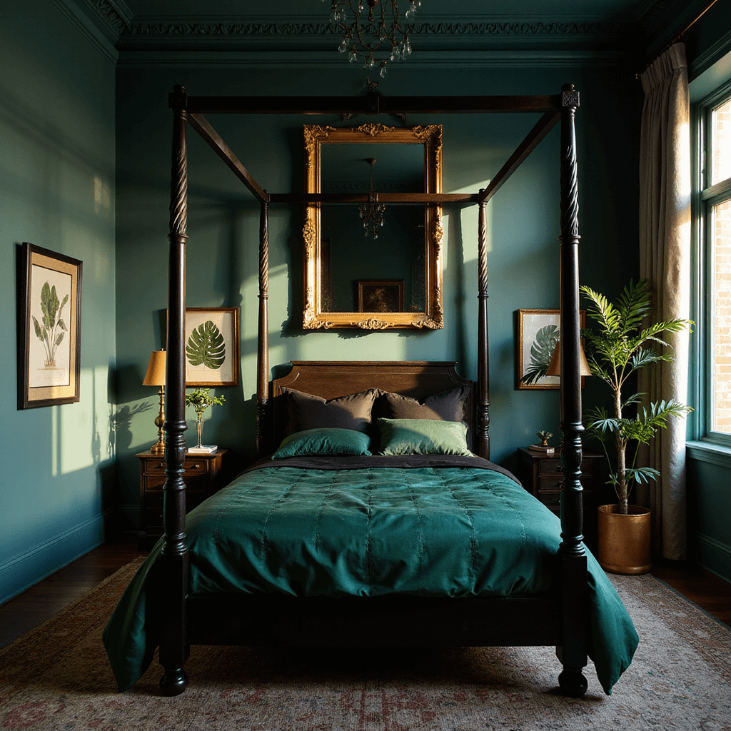 Tropical gothic bedroom at golden hour with dark teal walls, large monstera leaf shadows, an ebony four-poster bed dressed in emerald silk and black linen, brass palm frond sconces casting leaf-pattern shadows, vintage gold-framed botanical prints, and an oversized mirror reflecting warm light, all captured from slightly above bed height with a split focus on architectural details and soft textures.