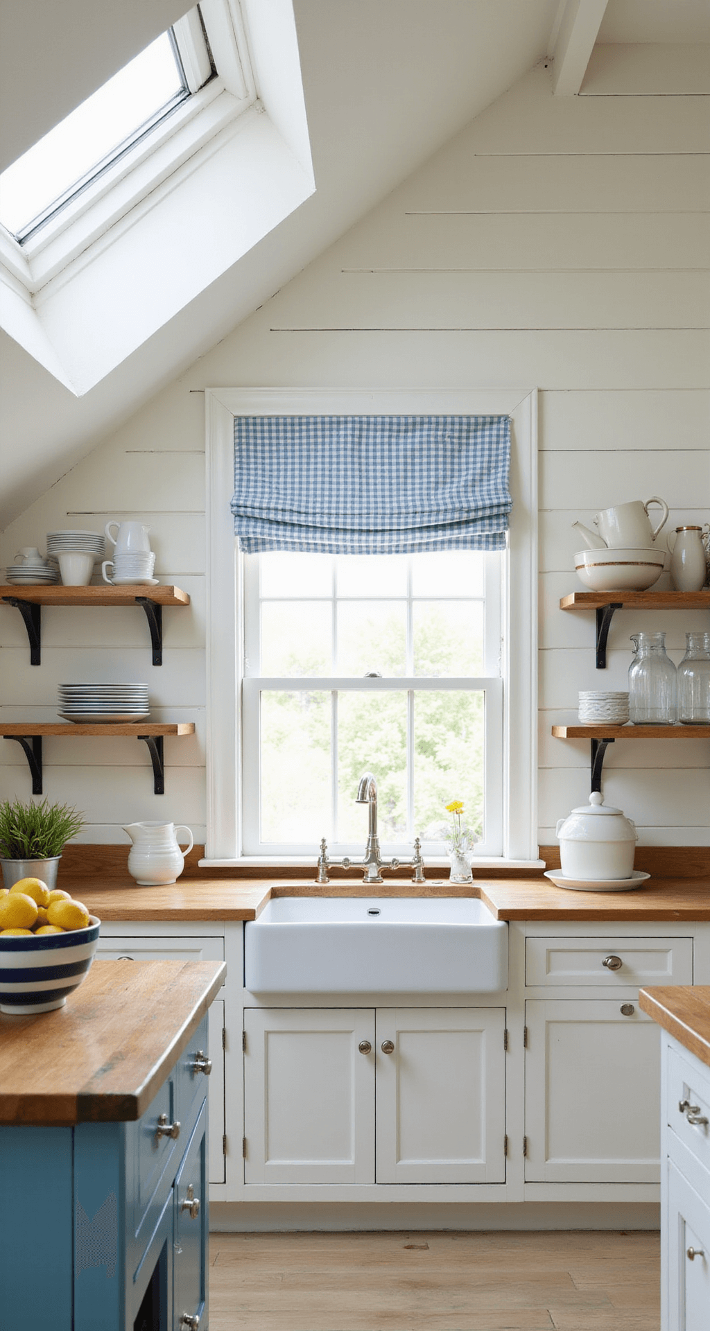 A bright and airy cottage kitchen with white-washed plank walls, a pitched ceiling with skylights, and sunlight flooding the room. A butcher block island topped with a blue and white striped bowl of lemons, open shelving with white dishes, and a gingham curtain fluttering in the breeze from an open window. The color scheme features crisp whites, sunny yellow, and cornflower blue.