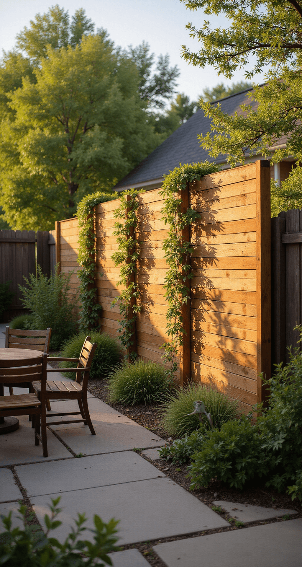 A rustic backyard scene showcasing a 6-foot tall repurposed wood pallet privacy wall, bathed in golden afternoon light, with climbing jasmine adding texture, all captured from a low angle to emphasize depth and warmth.