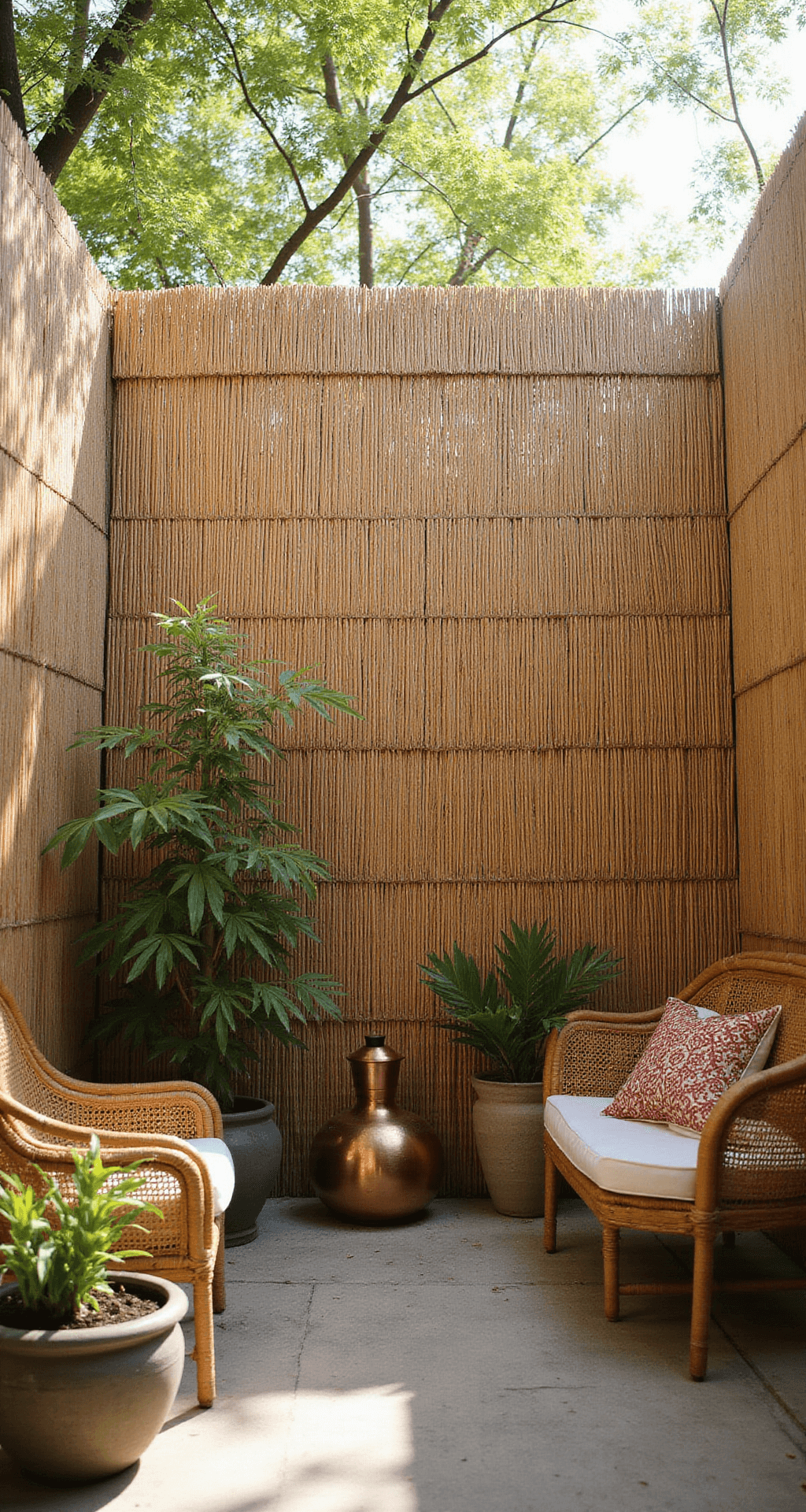 An intimate courtyard surrounded by 7-foot natural reed fencing, softly illuminated by morning light, featuring Balinese-inspired decor with copper lanterns, potted bamboo, and woven rattan furniture, captured at eye level with a shallow depth of field focusing on the reed texture.