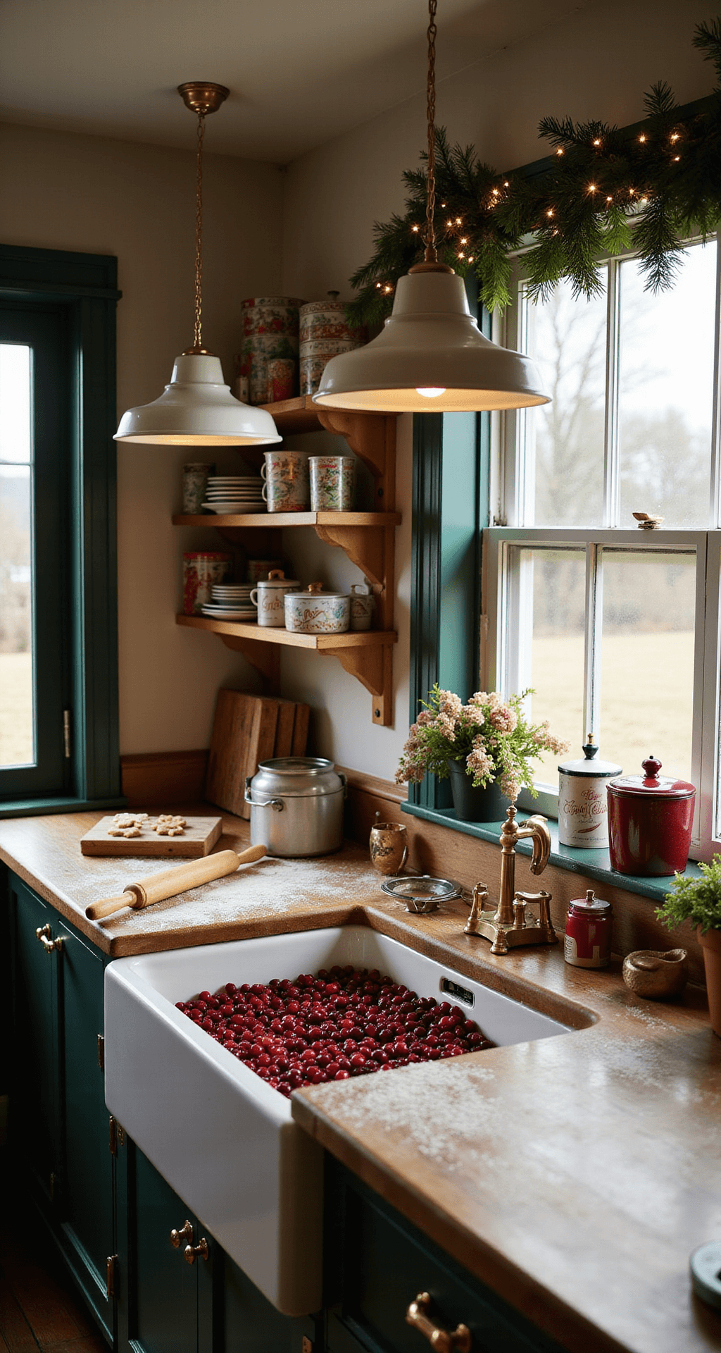 A charming cottage kitchen decorated for holiday baking, featuring a farmhouse sink with soaking cranberries, flour-dusted butcher block countertop with a rolling pin and cookie cutters, and open shelving displaying festive tins. The warm color palette includes deep forest green and rich cranberry red, accented by gold, with a garland of pine boughs and twinkling lights framing the window. Soft light from vintage-style pendant lamps creates a cozy atmosphere.