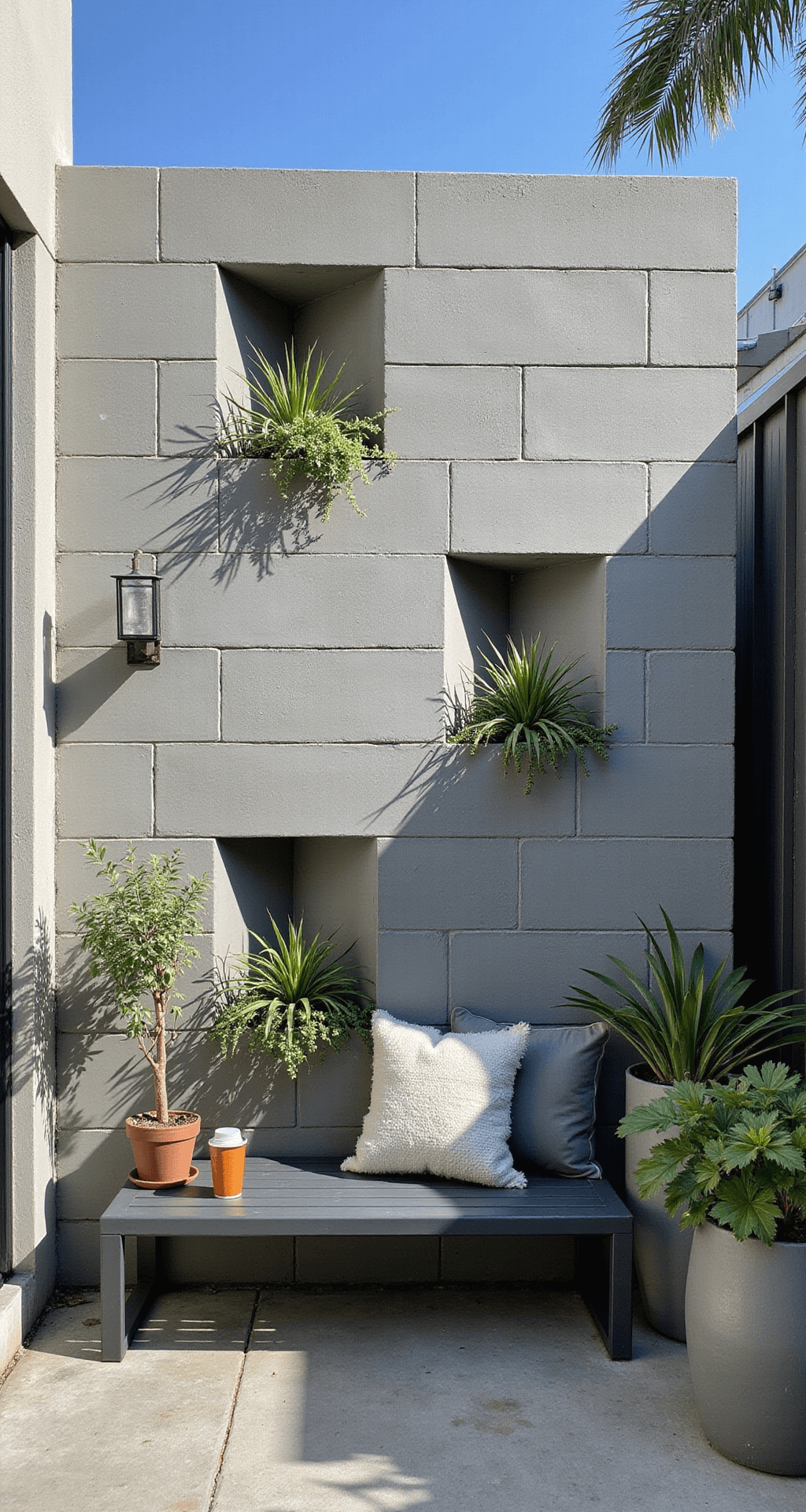 Modern urban garden with an 8-foot tall geometric cinder block wall in an offset pattern, showcasing dramatic shadows. Strategically placed succulents and air plants accentuate the design, while industrial metal furniture and minimalist decor enhance the brutalist aesthetic. Image captured from a 45-degree angle highlighting texture and high contrast lighting with cool grays and pops of sage green.