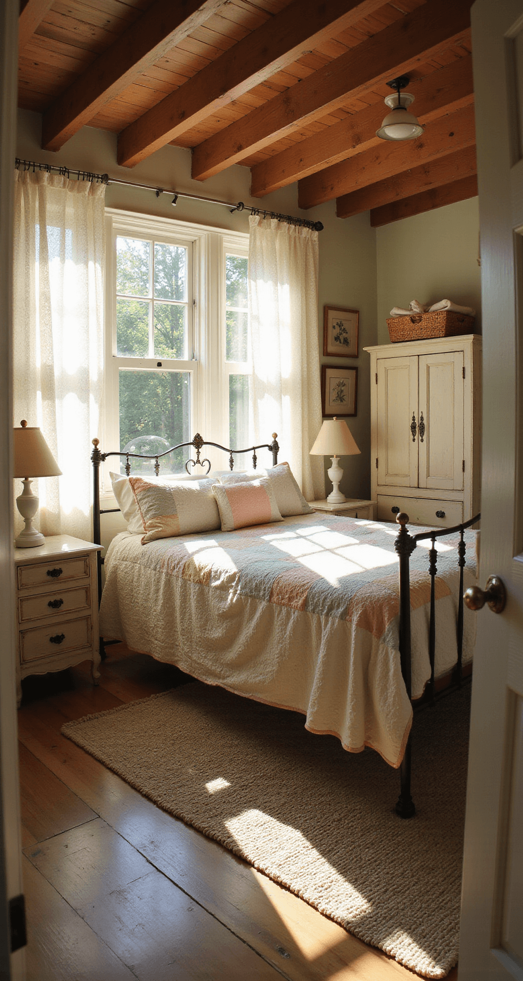 A cozy cottage bedroom filled with golden morning light, featuring a weathered iron bed frame with a pastel quilt, mismatched vintage nightstands, a distressed white armoire, and a braided rug on wide plank flooring, surrounded by botanical prints on the walls.