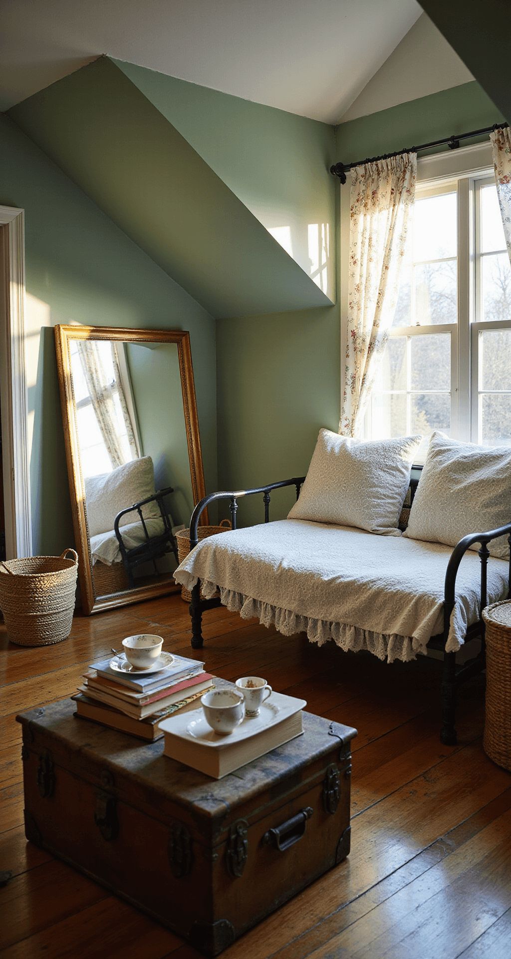 A cozy attic bedroom featuring sloped ceilings and a dormer window, adorned with a wrought iron daybed in white and floral prints, a weathered trunk coffee table, vintage books, a delicate tea set, and woven baskets, all bathed in warm afternoon light against soft sage green walls.