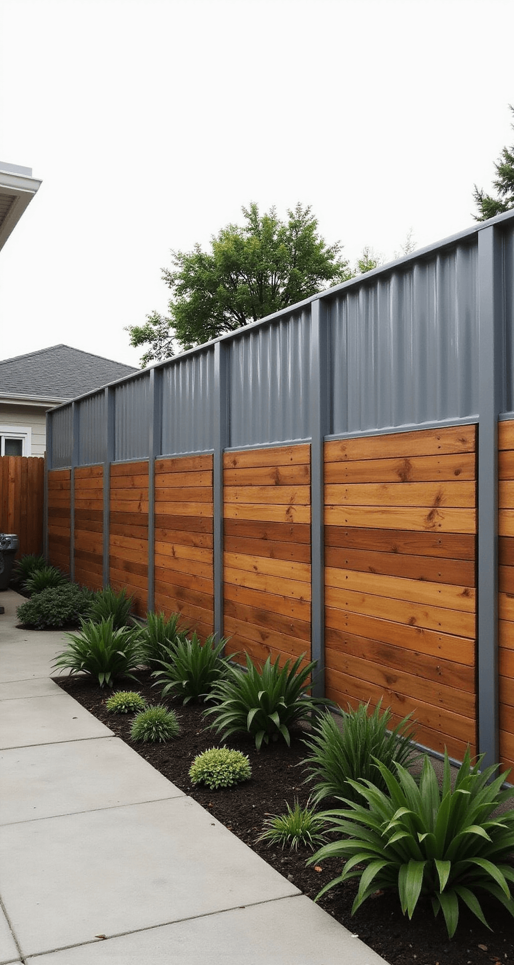 Contemporary backyard with a 7-foot mixed material fence of corrugated metal panels and horizontal cedar slats, featuring clean lines and visible steel posts, alongside a modern outdoor living space with concrete pavers and architectural plantings, captured in overcast lighting for a detailed wide-angle view in monochromatic grays and warm wood tones.