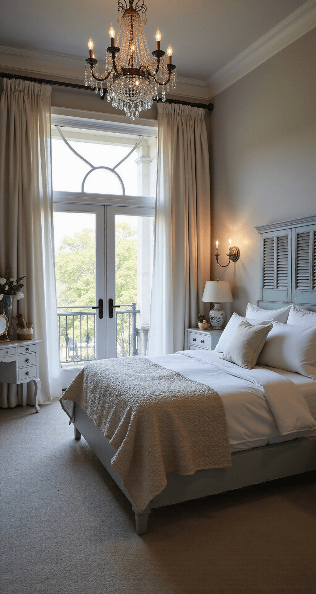 A spacious master bedroom featuring a king-sized sleigh bed with white linens and a vintage chenille bedspread, antique pale blue shutters as a headboard, mismatched crystal chandeliers, a distressed vanity with silver-backed brushes, and gauzy curtains flanking French doors to a balcony, all bathed in soft twilight.
