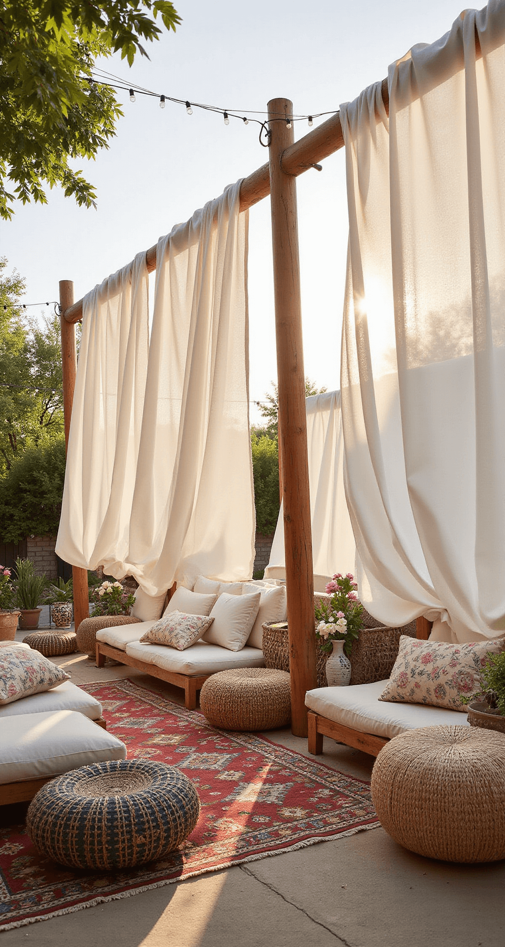 A bohemian outdoor space featuring suspended white fabric screens, wooden posts, and gentle movement in the breeze, adorned with string lights, vintage kilim rugs, and an eclectic mix of cushions and poufs, captured during golden hour for a dreamy, ethereal ambiance.