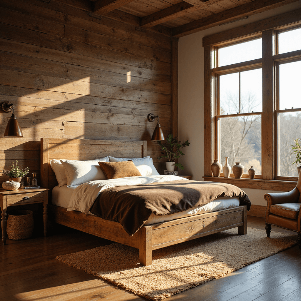 A cozy rustic bedroom with a king bed dressed in cream linen and chocolate velvet, illuminated by golden hour sunlight through large west-facing windows, featuring a weathered barn wood accent wall and vintage copper sconces. A sisal rug, distressed leather armchair, and raw edge wooden side tables complete the inviting atmosphere.