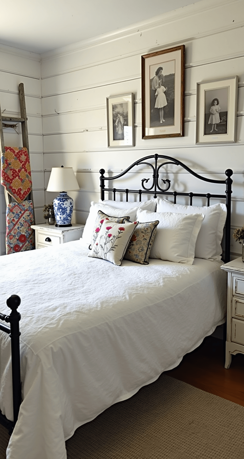 A cozy guest bedroom featuring a wrought iron double bed with a ruffled white duvet and embroidered pillows, accented by chippy white nightstands with chinoiserie lamps. A distressed ladder displays colorful vintage quilts, while mason jars filled with wildflowers add charm. The room has whitewashed plank walls adorned with sepia family photos, all illuminated by soft morning light.