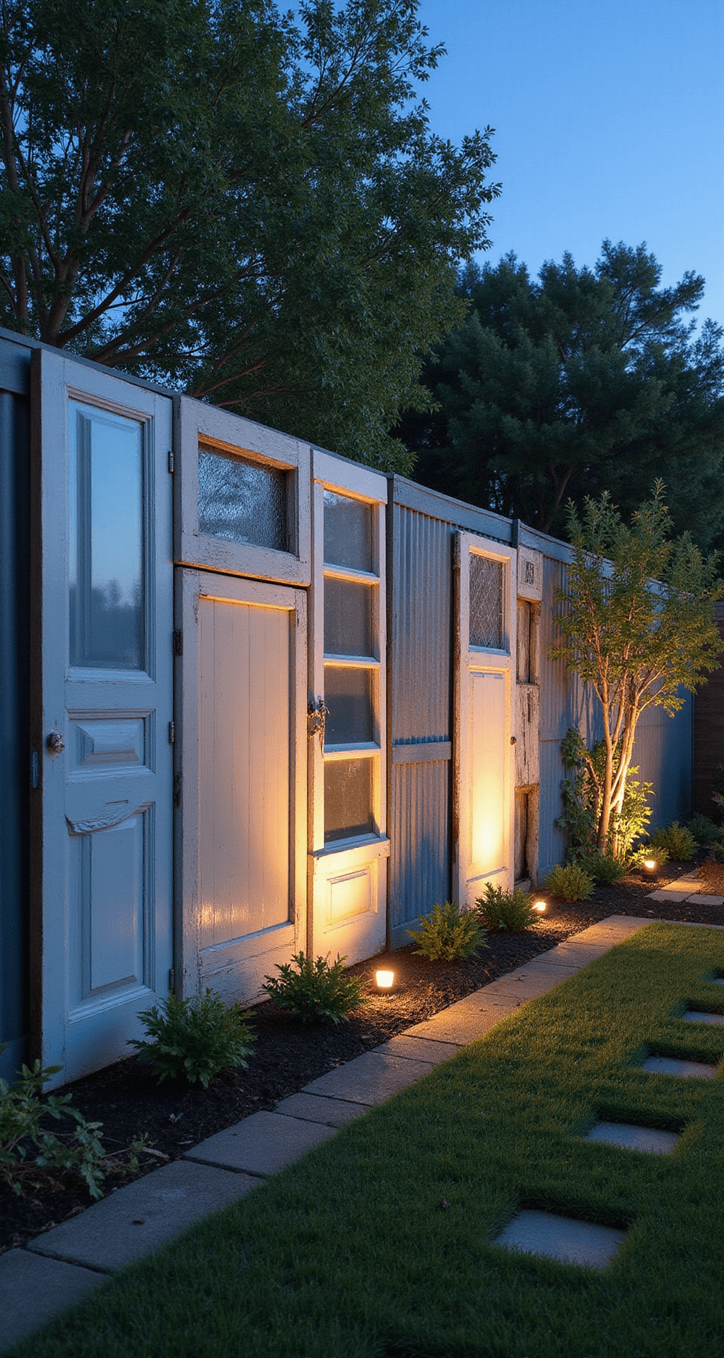An eclectic privacy fence made of reclaimed doors, vintage windows, corrugated tin, and lattice panels, varying in height from 6 to 8 feet, illuminated by warm landscape lighting during blue hour. Coastal-inspired hues adorn the vintage elements, while cottage garden plantings create a soft boundary, all viewed from a corner angle to highlight the diverse materials and weathered patinas.