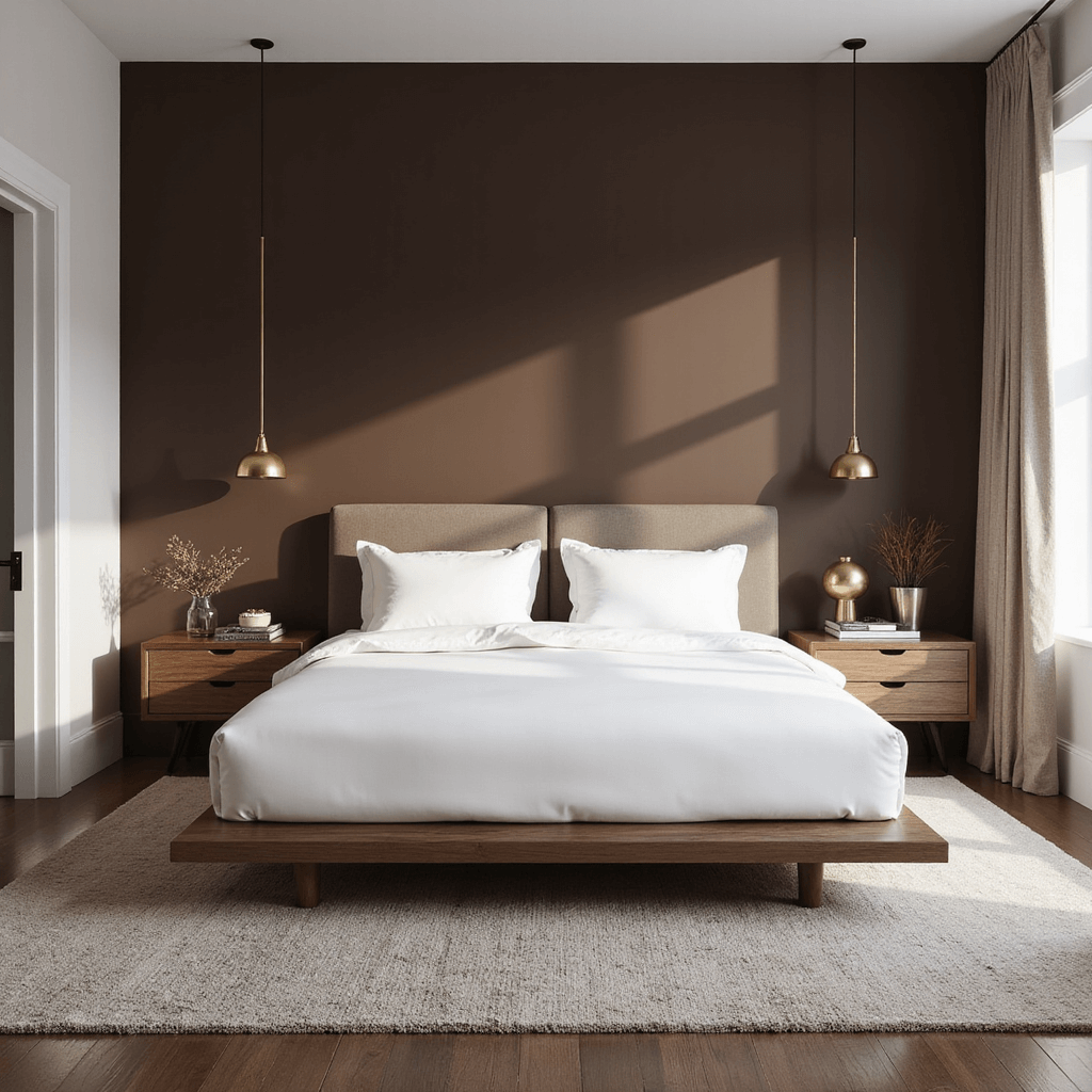 A modern minimalist 12x12ft bedroom featuring a dramatic chocolate brown accent wall, white bedding on a platform bed, asymmetrical brass pendant lights, a taupe wool carpet, and clean-lined walnut nightstands with modern art and metallic accessories, captured in cool midday light from a high-angle view.