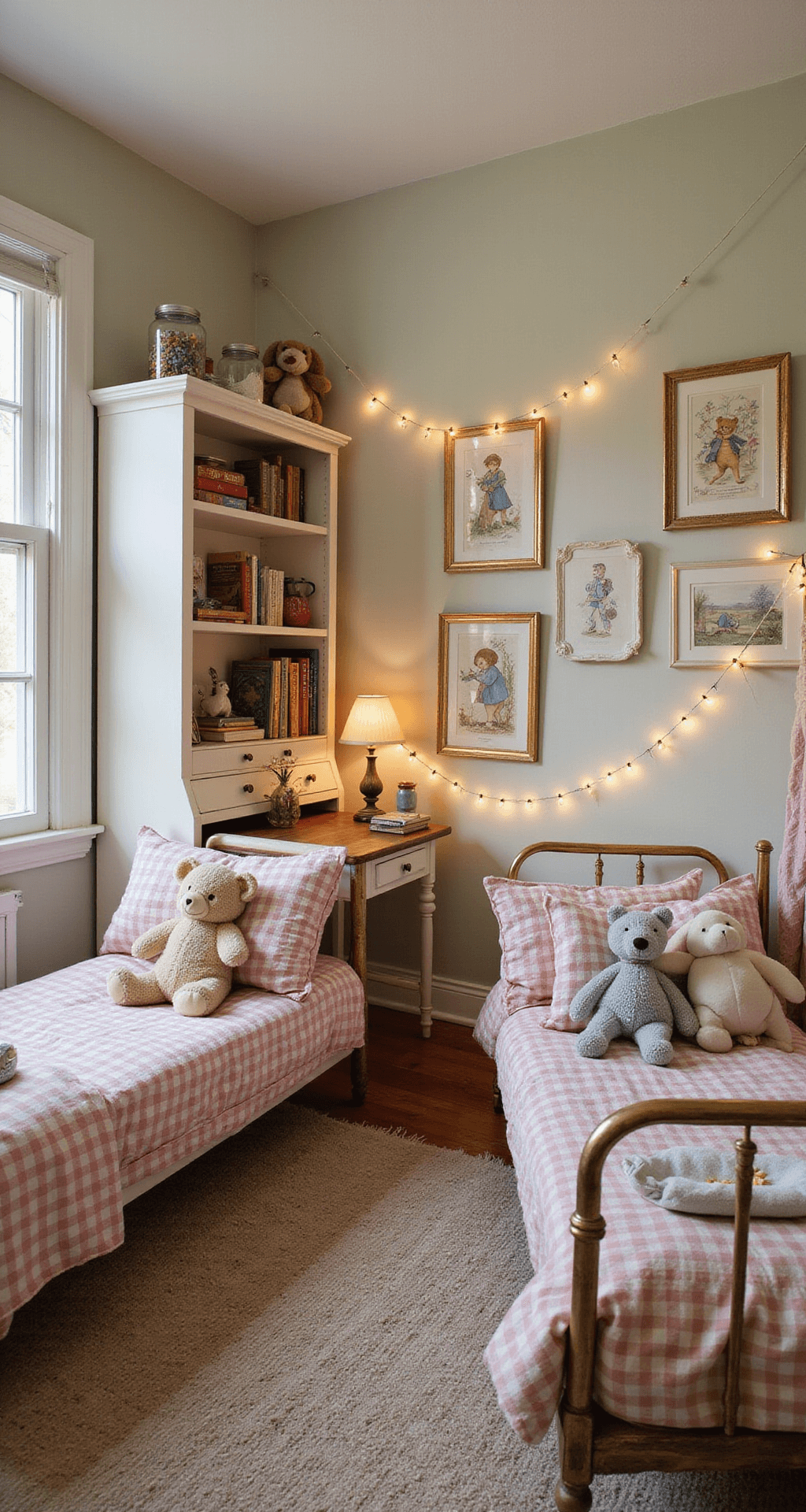 Cozy children's bedroom featuring twin brass beds with gingham and floral bedding, a white bookcase filled with stuffed animals and storybooks, an antique school desk with colored pencils, and string lights displaying artwork, all set against pastel walls adorned with Beatrix Potter illustrations.