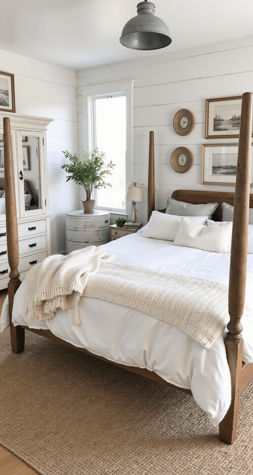 A serene farmhouse-style bedroom featuring a grand four-poster bed made from reclaimed barn wood, adorned with white linens and a chunky knit throw, with galvanized metal pendants providing soft lighting, a distressed chalk white armoire with mirrored doors, a woven sisal rug, whitewashed shiplap walls, and vintage landscape paintings.