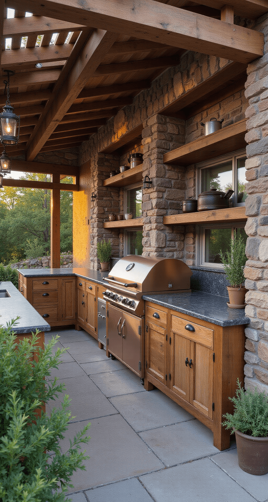 L-shaped outdoor kitchen featuring a copper-toned built-in grill, leathered granite countertop, and reclaimed barn wood cabinets under a weathered cedar pergola at golden hour.