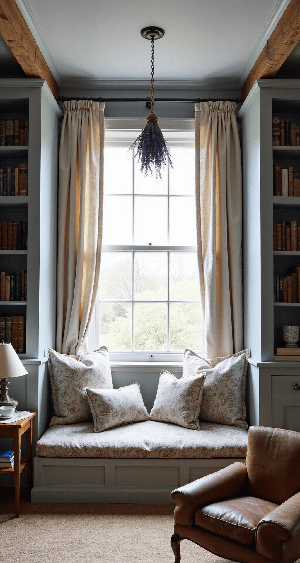 A cozy reading nook featuring a deep window seat adorned with patterned cushions, surrounded by built-in bookshelves filled with books, a weathered leather armchair, and soft blue-gray walls, all bathed in natural light.