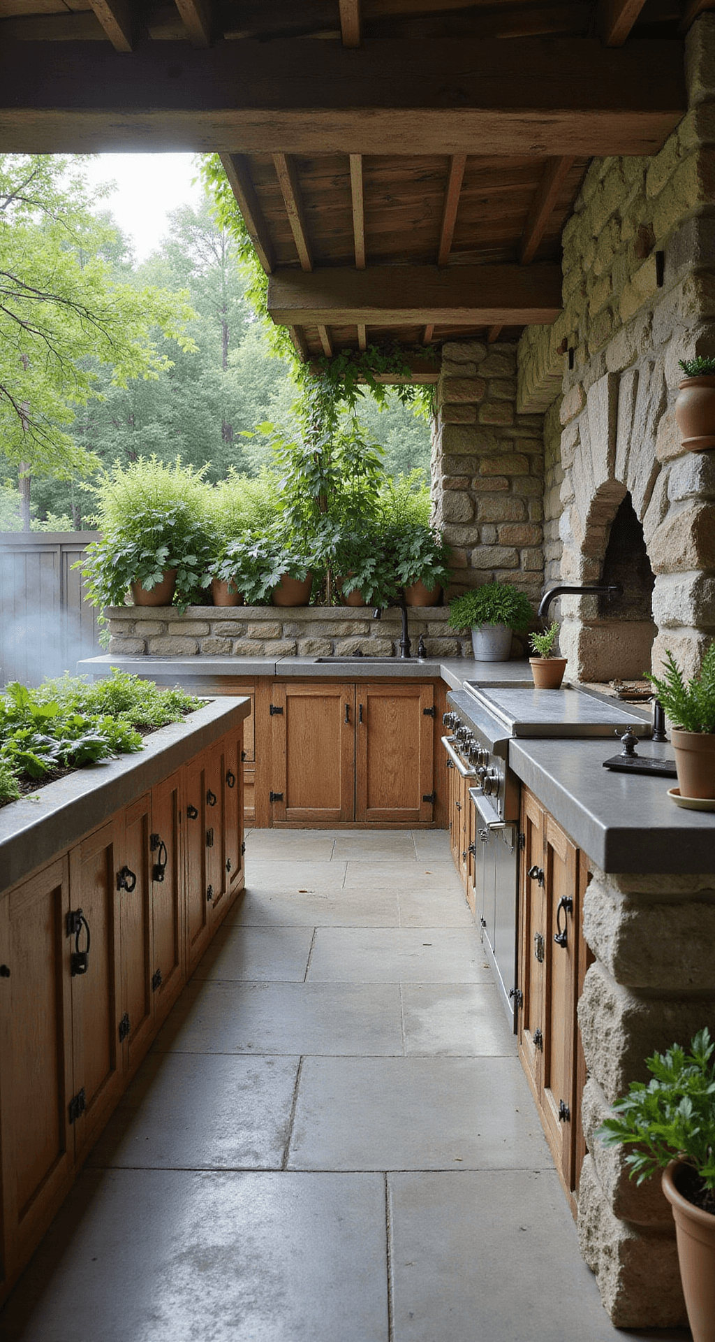 A rustic garden-integrated kitchen bathed in early morning light, featuring raised cedar herb beds, a natural stack stone island with a patinated concrete countertop, distressed metal barn door appliance covers, and terracotta pots filled with fresh herbs. A weathered wood pizza oven serves as the focal point, surrounded by a serene atmosphere with soft morning mist, all in a color palette of sage green, warm terra cotta, and natural stone grays.