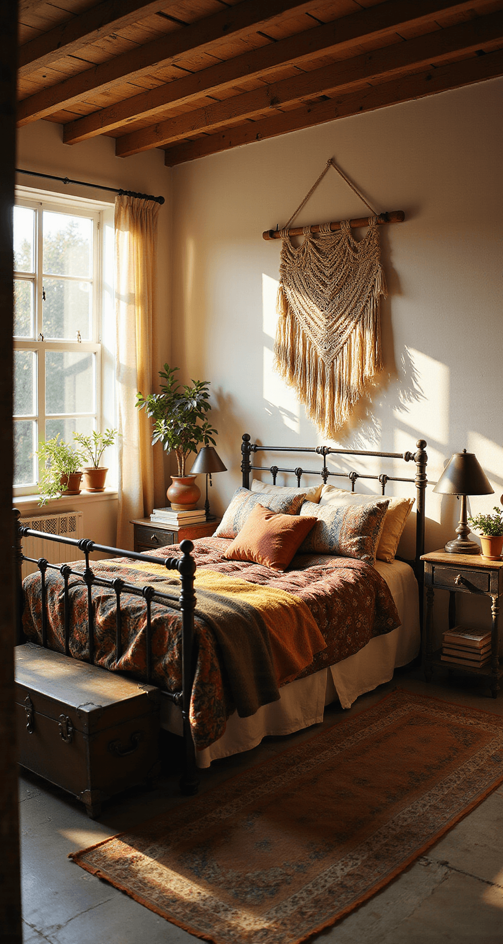A warm and inviting boho cottage bedroom with exposed wooden beams, featuring a wrought-iron bed draped in earthy-toned quilts, vintage nightstands with eclectic lamps, a macramé wall hanging, and potted plants in sunny corners, captured in golden afternoon light.