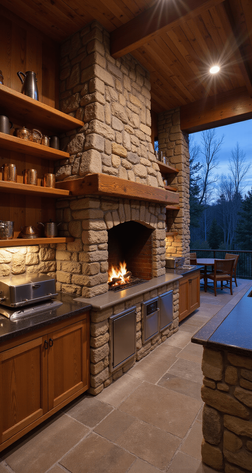 A dusk view of a spacious 16x14ft mountain ranch-style outdoor kitchen featuring a large stone fireplace with a reclaimed timber mantel, cedar-clad appliance wall with a premium grill, barn wood open shelving displaying copper mugs and iron cookware, ambient string lights, leathered black granite countertops, and a rich color palette of deep browns, charcoal, and copper accents, shot from a slight elevation to emphasize the fireplace's scale.