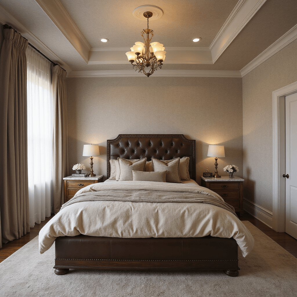 A spacious transitional bedroom bathed in morning light, featuring taupe grasscloth walls, a king-sized bed with a tufted brown leather headboard and luxurious layered bedding, antique brass chandelier, and mixed material nightstands. The wide-angle shot from the doorway highlights architectural details and a warm, soft atmosphere with a color palette of light sand to rich cocoa.