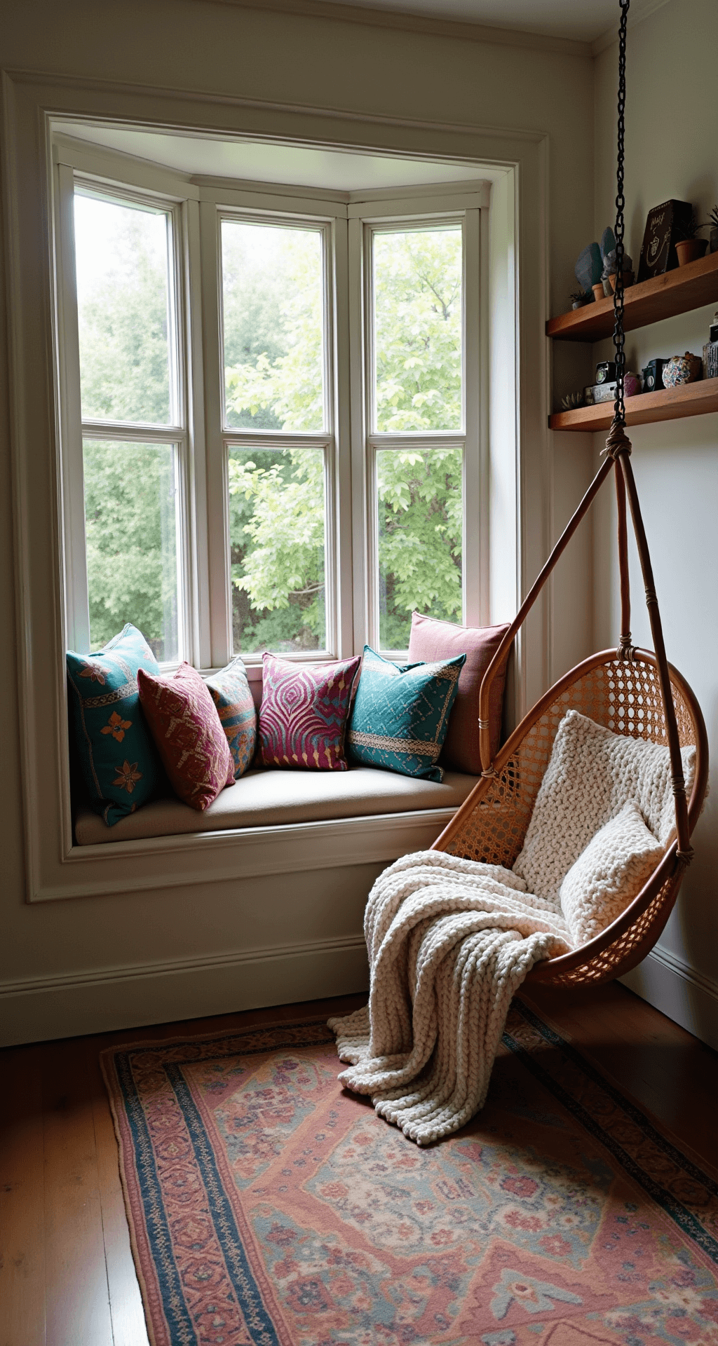 Cozy boho cottage reading nook with a cushioned bay window seat filled with jewel-toned pillows, a rattan hanging chair draped in a knit throw, floating shelves displaying crystals and vintage cameras, and a muted Moroccan rug on weathered wooden floors, all bathed in soft morning light.