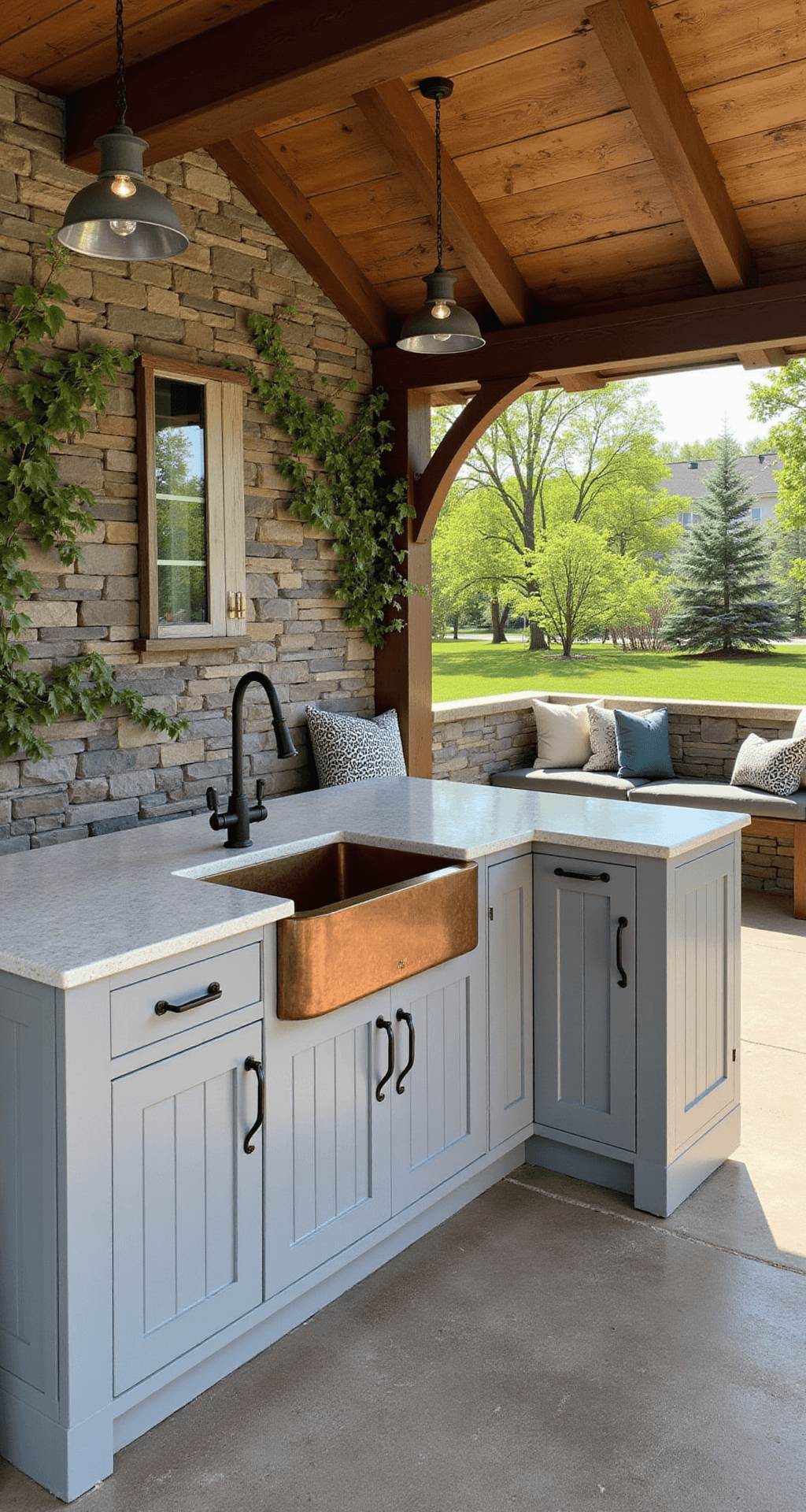 Outdoor kitchen featuring weathered gray board and batten cabinetry, a hammered copper farmhouse sink, and a stacked stone backsplash with climbing vines, surrounded by mixed seating and vintage industrial pendants, all under a timber-framed roof in a natural color scheme.