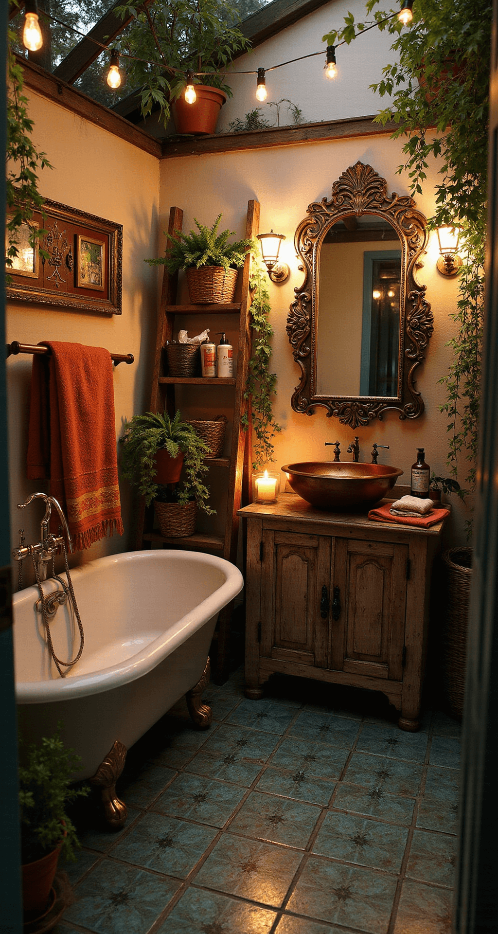 A cozy bohemian bathroom featuring a clawfoot tub illuminated by warm candlelight and string lights, surrounded by ferns and ivy, with a vintage ladder towel rack, distressed wooden vanity with a copper sink, mismatched mirrors, woven baskets, and Moroccan-inspired tiles in deep blues and greens, taken from a high angle to capture the intimate, whimsical atmosphere.