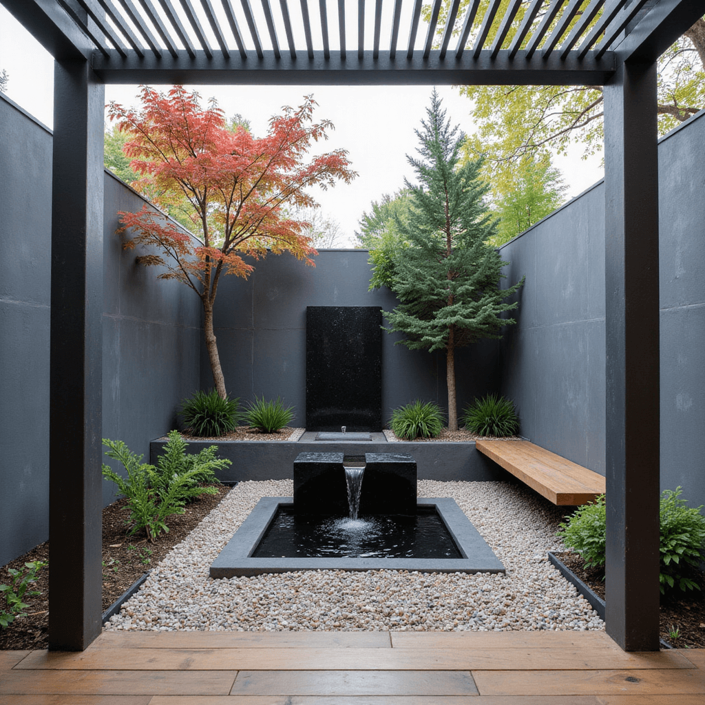 A modern Zen water garden featuring a black granite monolith with cascading water, surrounded by Japanese maples and cloud-pruned evergreens, with a floating ipe wood deck and built-in bench seating, all set against sleek charcoal concrete walls under soft, filtered natural light.