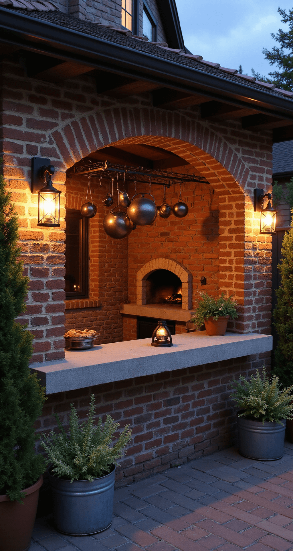 Intimate rustic outdoor kitchen nook featuring a brick-enclosed cooking area, wrought iron pot rack, wood-fired pizza oven, vintage lanterns casting a warm glow, and herb garden in galvanized planters, all captured in warm earth tones.