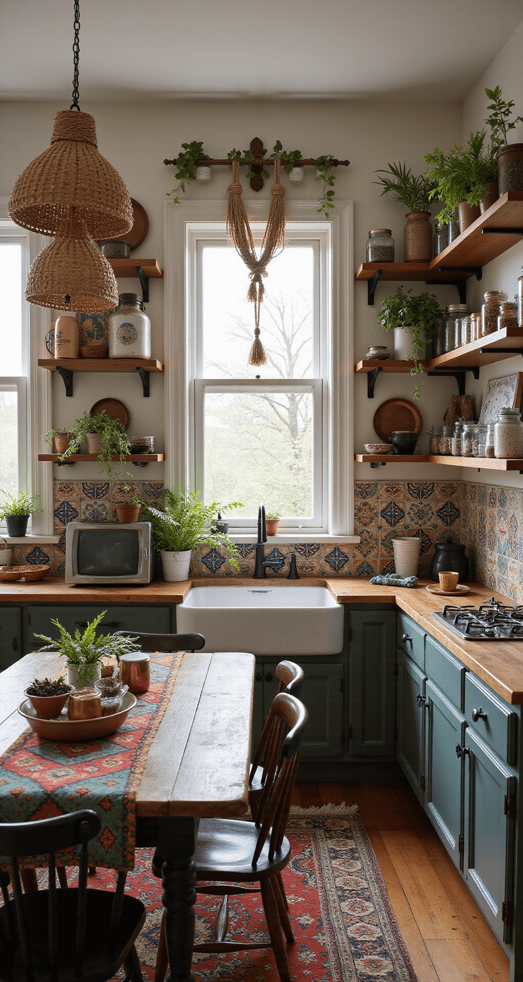 A cozy boho cottage kitchen bathed in early morning light, featuring open shelving with vintage crockery, butcher block countertops with a Moroccan tile backsplash, and a farmhouse sink framed by macramé plant hangers. Copper pots hang above a rustic pot rack, while a worn wooden dining table surrounded by eclectic chairs is topped with a vibrant table runner. Low-hanging rattan pendant lights create a warm, inviting atmosphere in a wide-angle shot from the kitchen entrance.