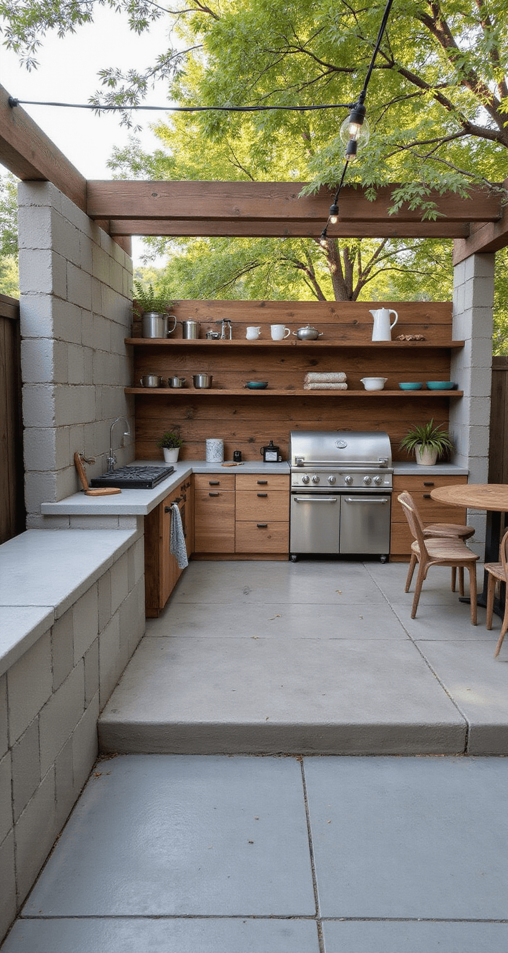 Elevated view of a spacious open-concept outdoor kitchen and dining area, featuring a cinder block base concealed by reclaimed wood panels, DIY concrete countertops, vintage cookware on open shelving, and a string light canopy, all highlighted by morning light in natural tones of gray, brown, and green accents.