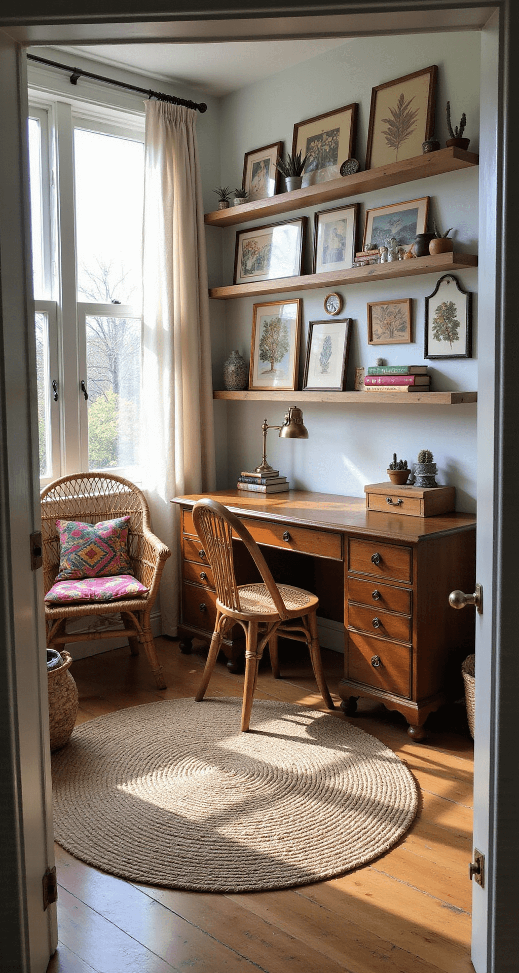 A cozy boho-style cottage home office featuring an antique wooden desk by large windows, a gallery wall of vintage prints, a rattan peacock chair with a colorful pillow, floating shelves with books and cacti, a layered jute rug, and a macramé wall hanging, all bathed in warm afternoon sunlight.