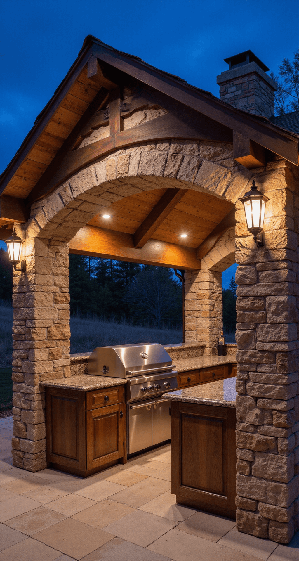 Twilight view of a luxurious rustic kitchen pavilion featuring a grand stone archway and a professional-grade grill station, with a cedar shake roof, leathered granite surfaces, live edge wood accents, wrought iron details, and vintage copper lanterns for atmospheric lighting.