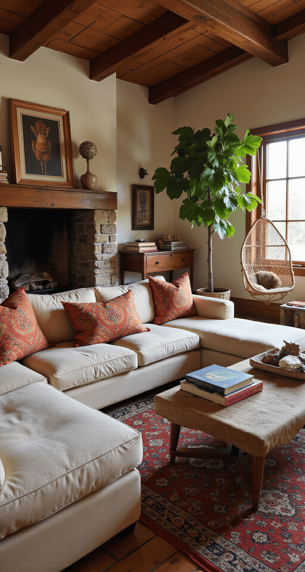 Bohemian cottage living room with rustic wooden beams, stone fireplace, overstuffed linen sofa with colorful pillows, vintage rugs, eclectic side tables with curios and art books, fiddle leaf fig tree, and a cozy rattan hanging chair, captured in warm golden hour light.