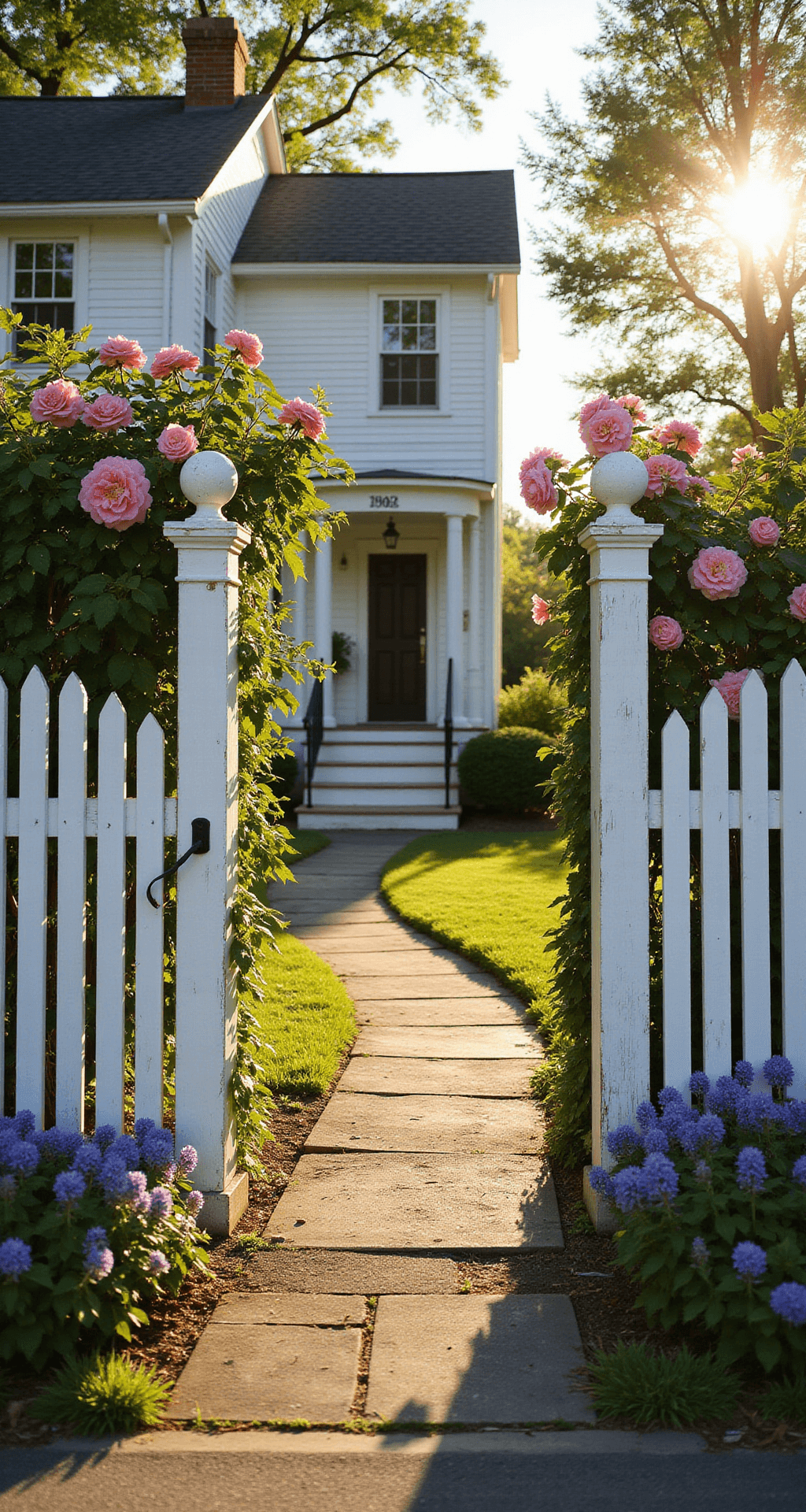 Front Garden Fence Ideas: Transform Your Home's First Impression A charming Colonial-style home framed by a white picket fence adorned with climbing pink roses, set against a manicured lawn in warm golden hour light, highlighting architectural details and vibrant garden borders.
