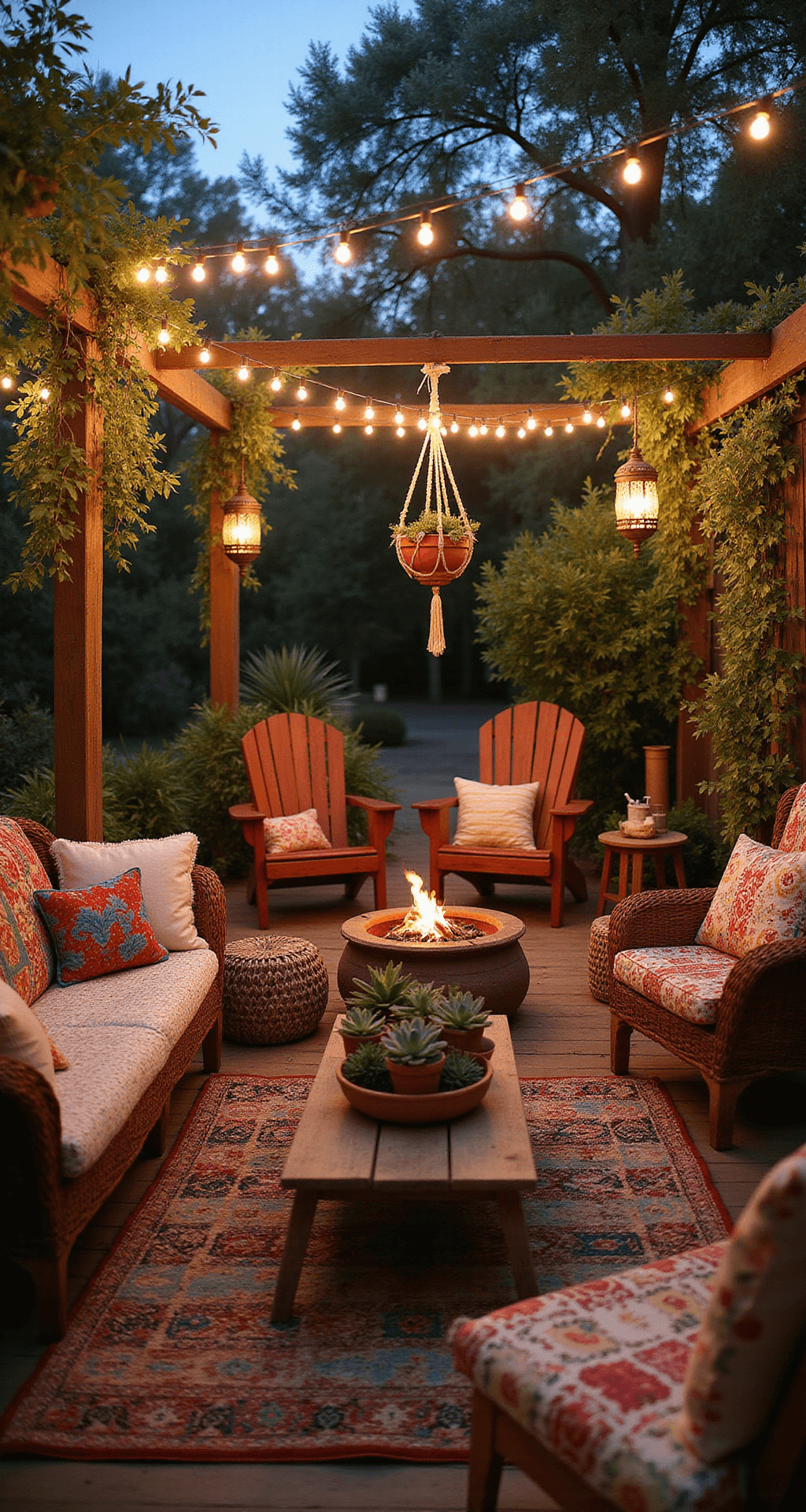 A cozy boho cottage outdoor patio at dusk, featuring string lights overhead, a weathered wooden deck with mismatched rugs, eclectic seating with a vintage rattan sofa and colorful poufs, a rustic coffee table with succulents, macramé plant hangers, Moroccan lanterns, and a fire pit surrounded by Adirondack chairs with blankets, creating an intimate and magical atmosphere for evening gatherings.