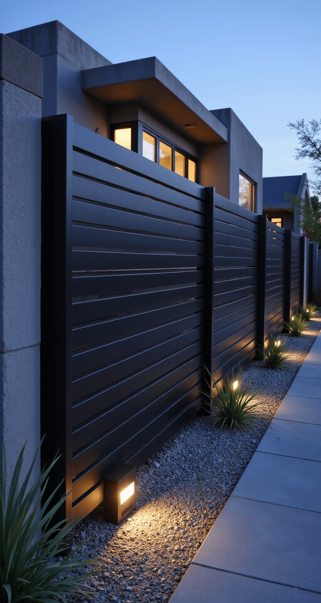 Contemporary matte black aluminum fencing illuminated by LED ground lighting at dusk, showcasing geometric shadows against a modern concrete home, with drought-resistant grasses and silver-leafed plants in crushed granite landscaping.