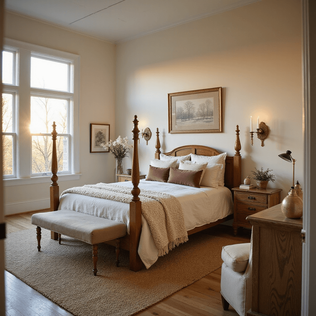 Serene master bedroom with soft cream walls, Belgian linen bedding, and an oak four-poster bed, captured during golden hour. Warm light highlights textures like an ivory knit throw and a handwoven jute rug, with vintage ceramics on a weathered oak dresser. Dreamy depth from doorway shot at f/2.8.