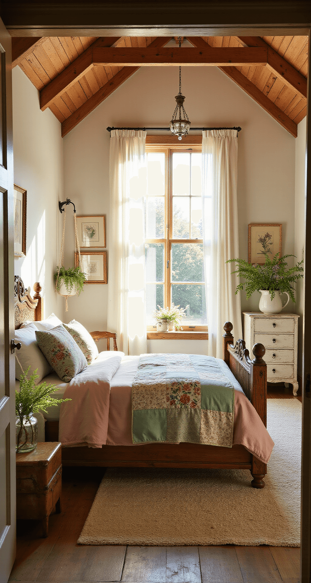 Sun-drenched cottagecore bedroom with exposed wooden beams, weathered oak bed draped in a gauzy white canopy, blush pink linen sheets, patchwork quilt, vintage floral pillows, distressed white dresser with wildflowers, cascading ferns from macramé hangers, warm golden light through sheer curtains, wide-angle shot from doorway.