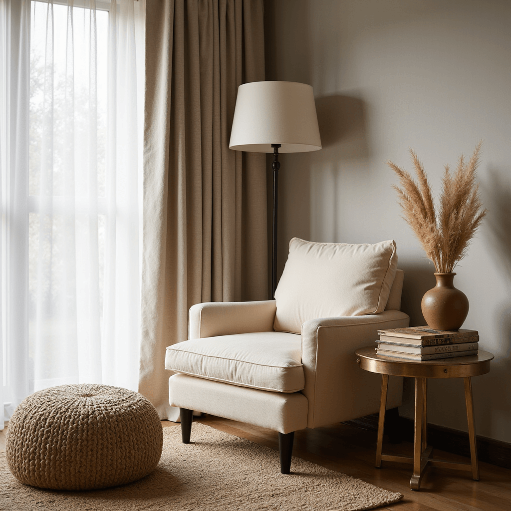 A cozy corner reading nook in a neutral bedroom, featuring a plush vanilla cream bouclé armchair bathed in morning light from sheer linen curtains. A handcrafted ceramic floor lamp adds warmth, surrounded by a braided wool pouf, textured sisal rug, and aged brass side table. Stacked art books and an earthenware vase with dried pampas grass complete the intimate and contemplative atmosphere, with walls painted in warm greige.