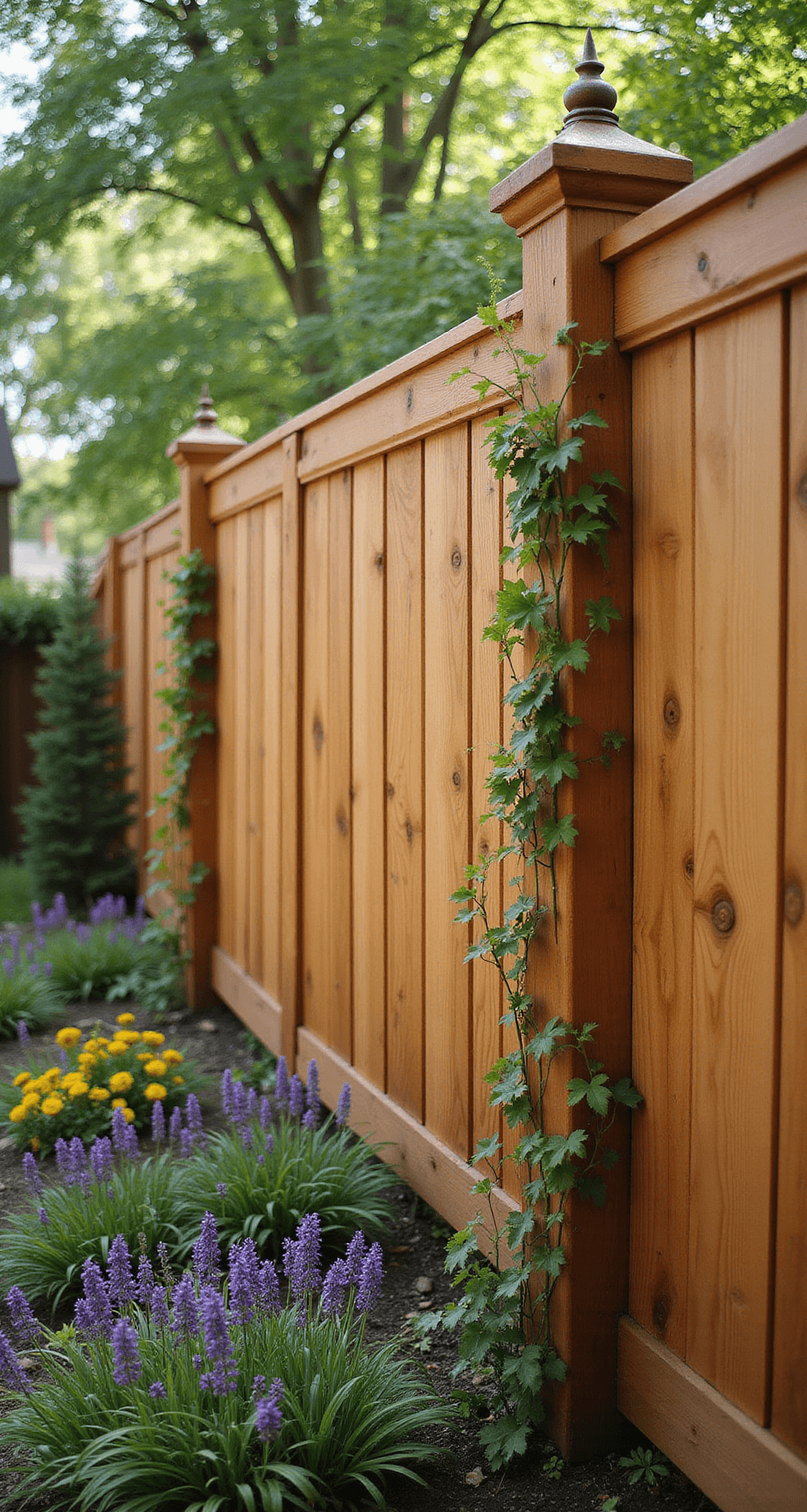 A rustic cedar privacy fence with alternating board heights and diagonal cuts, captured in warm afternoon light from inside a garden, showcasing natural wood grain and knots. Climbing vines soften the corners, while copper post caps show patina. Garden beds in purple and yellow blur softly in the background, highlighting the fence's details.