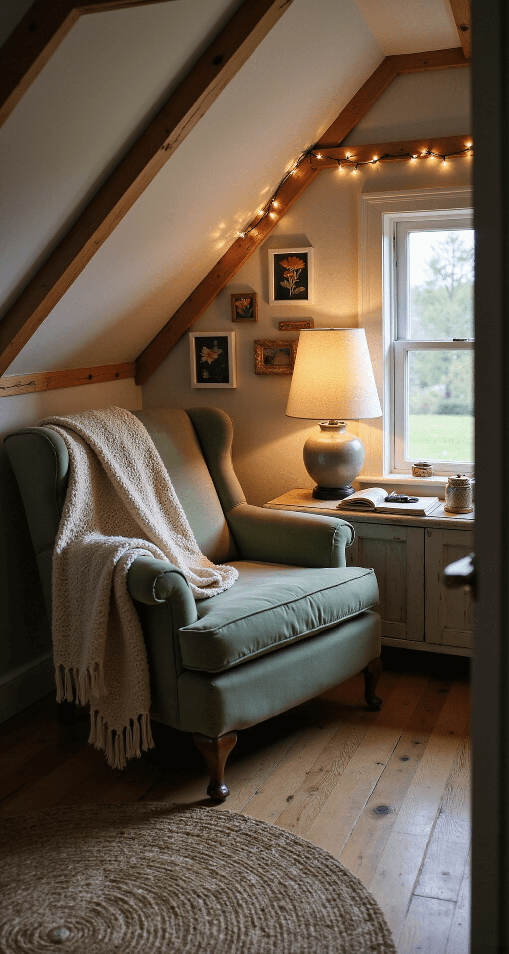 An intimate corner of a cottagecore bedroom featuring a sage green velvet armchair with a cream chunky knit throw, a vintage lamp casting a warm glow on a weathered side table, and twinkling fairy lights overhead, complemented by framed pressed flowers on the wall and a textured braided jute rug on the pine floor.