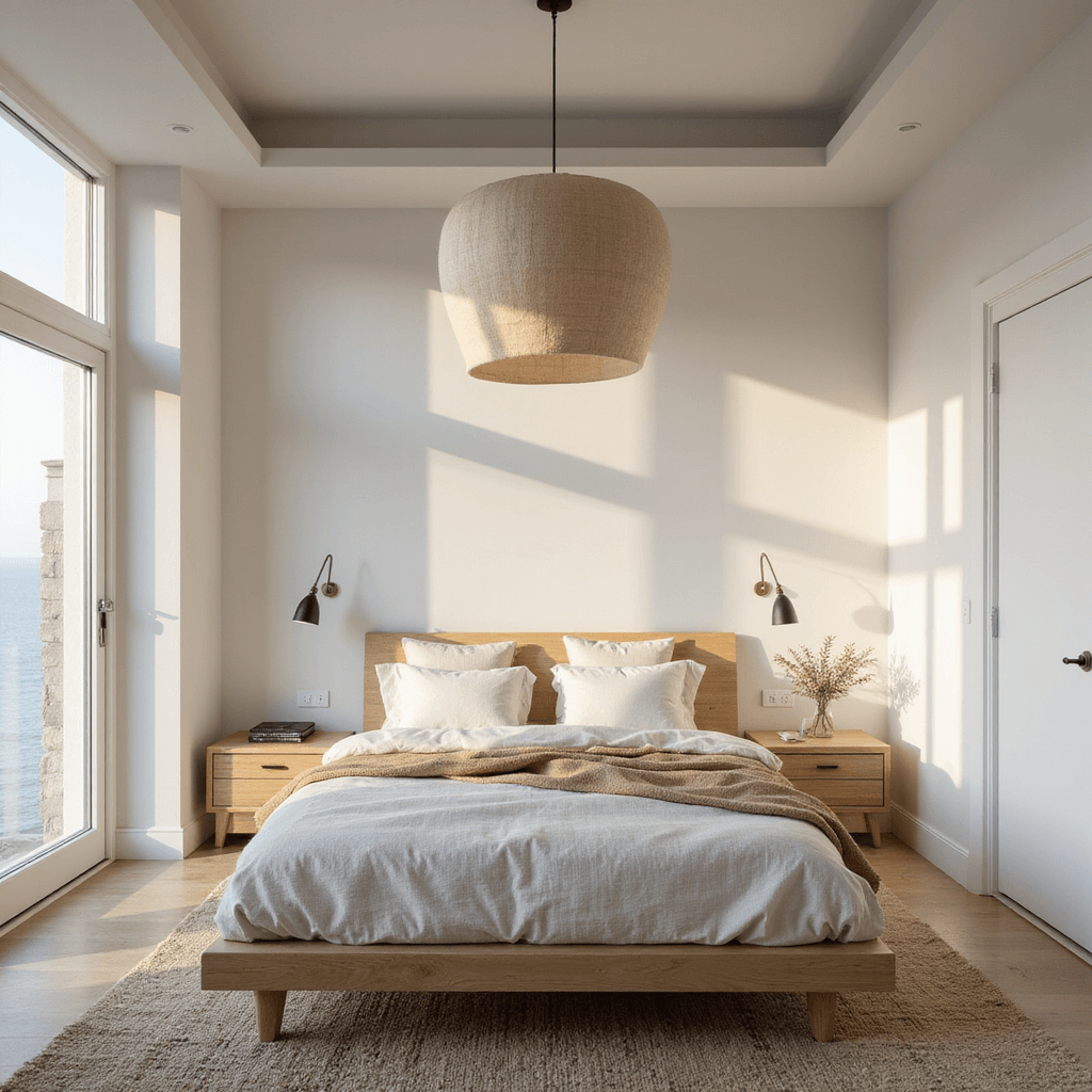 A minimalist bedroom suite at dawn featuring a 12-foot soft white tray ceiling and a centered platform bed in bleached oak. The bed is adorned with stone-washed linen bedding in warm white and sand hues, complemented by a Moroccan wool rug. Geometric shadows from window frames create dramatic patterns in the natural morning light.