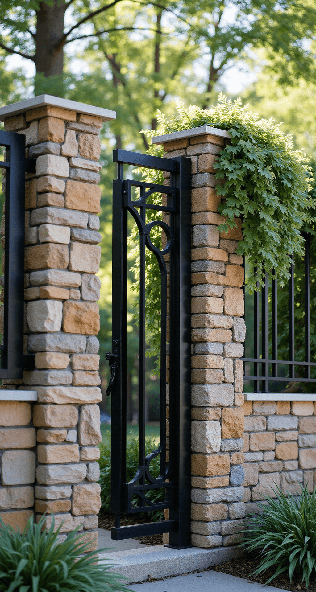 A sophisticated 5-foot fence featuring stacked stone pillars and black metal panels, illuminated by morning light that creates intricate shadows, surrounded by formal landscaping and trailing jasmine.