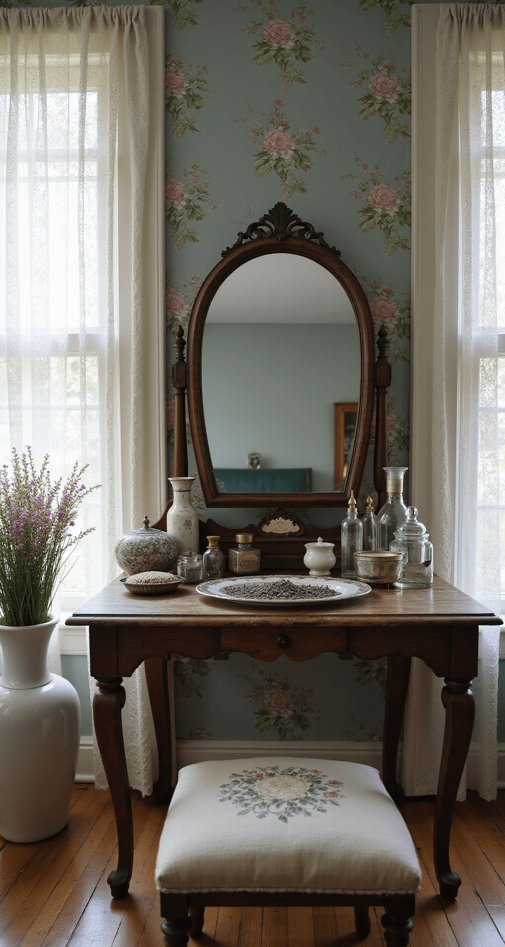 A charming cottagecore bedroom vanity vignette bathed in morning light, featuring an antique dressing table with a tarnished oval mirror, vintage perfume bottles, a tarnished silver brush set, and a porcelain dish of dried lavender, complemented by a weathered stool and sheer lace curtains; a tall ceramic vase with fresh wildflowers and floral wallpaper in muted blue and green tones.
